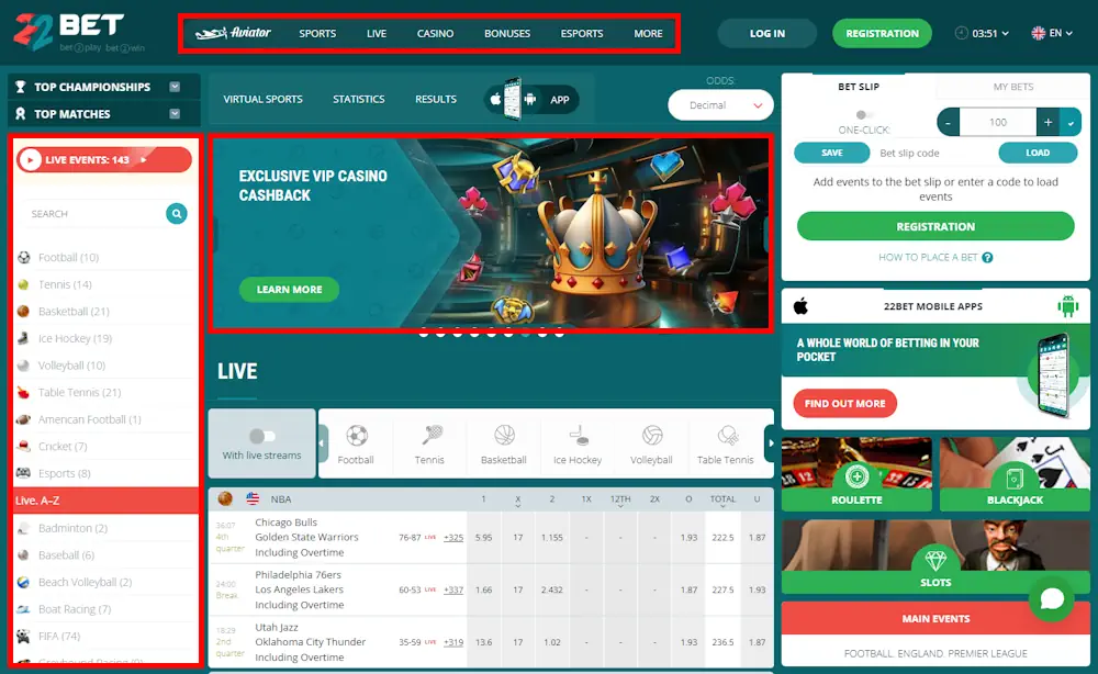 22Bet Homepage and Menu and VIP Bonus Screenshot